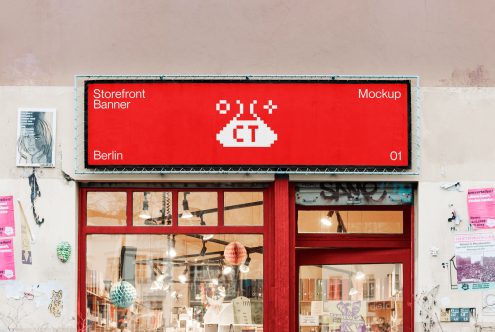 Red storefront banner mockup above shop window with pixel art displayed, ideal for sign or advertisement design preview.